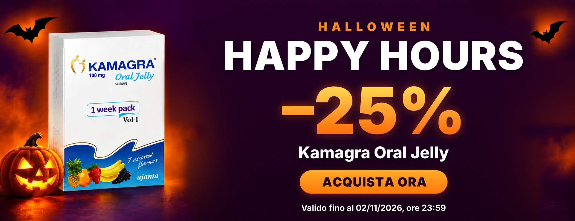 Banner promozionale Happy Hours con Kamagra oral jelly, sconto del 25%