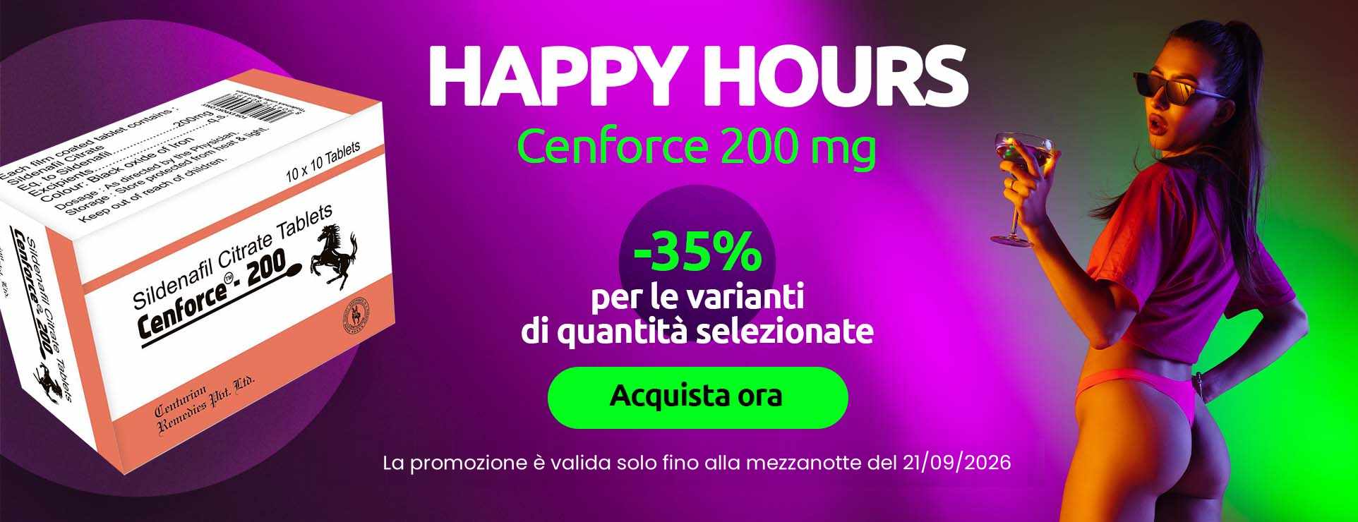 Banner promozionale Happy Hours con Cenforce 200 mg, sconto del 35%