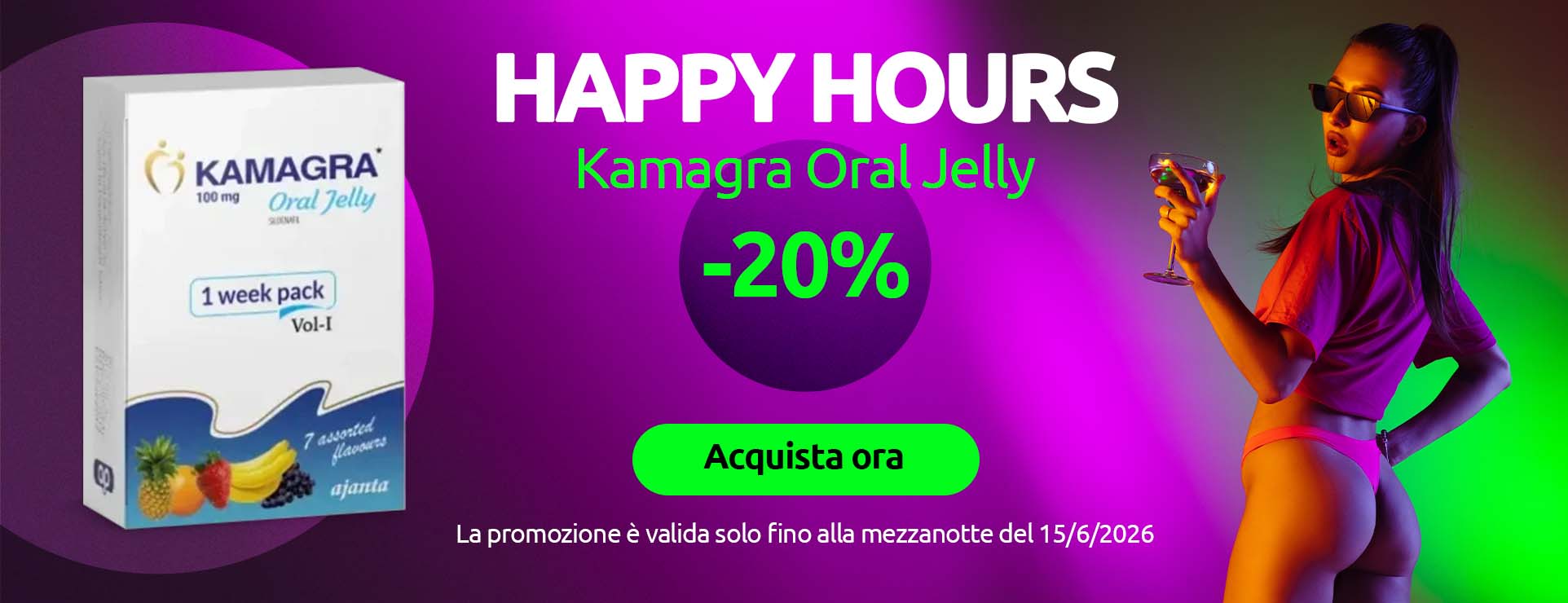 Banner promozionale Happy Hours con Kamagra Oral Jelly 100 mg, sconto del 20%