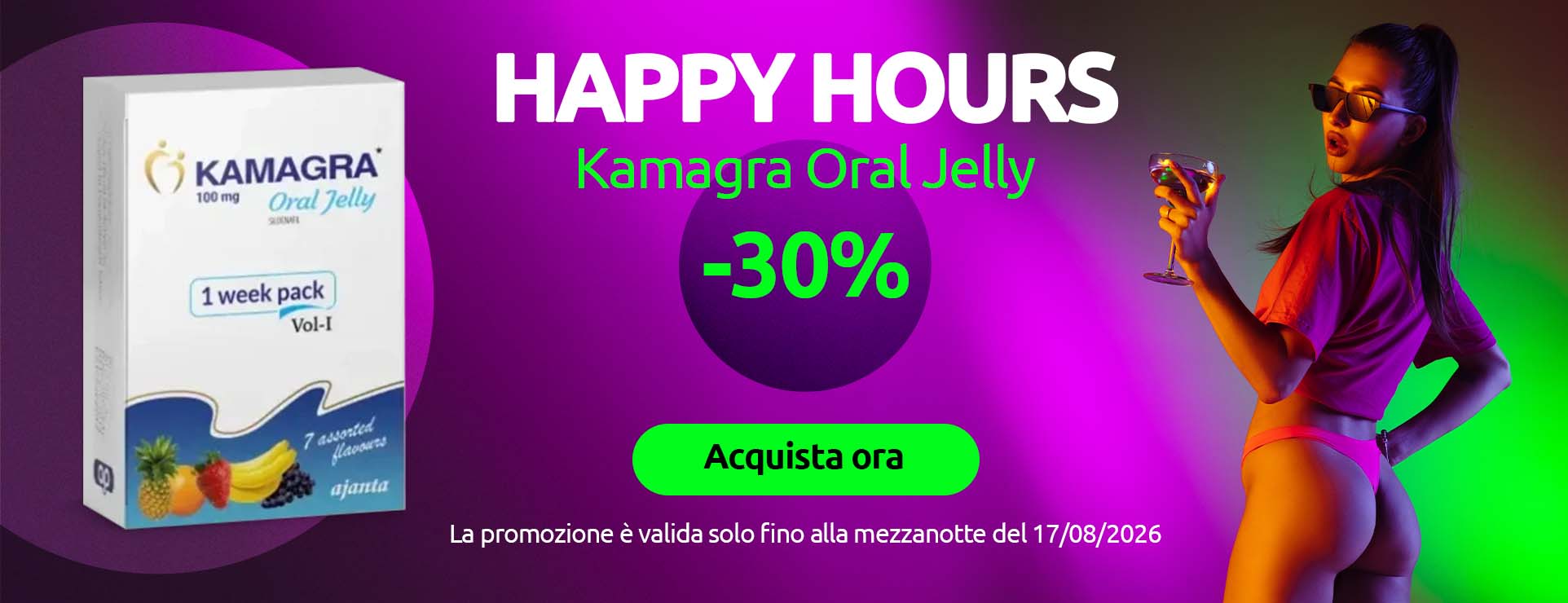 Banner promozionale Happy Hours con Kamagra Oral Jelly 100 mg, sconto del 30%
