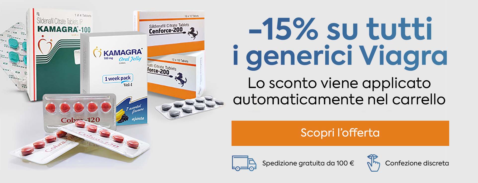 Banner promozionale con sconto del 15% sui generici Viagra